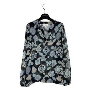 Ann Taylor‎ Loft Floral Long Sleeve Blouse With Gray & Blue Colors